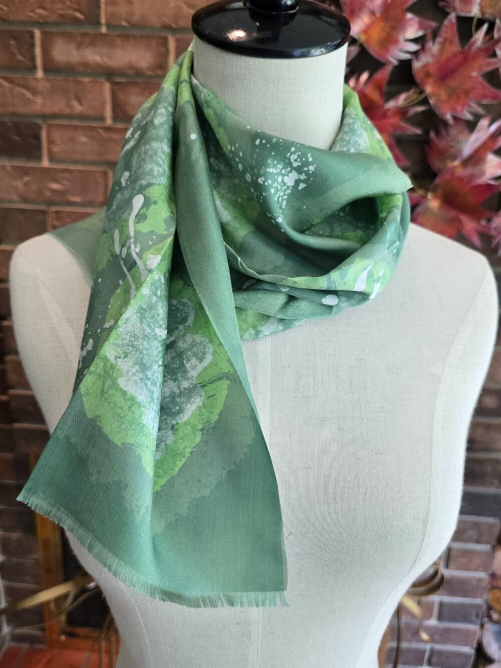 Fran - Vintage Green Scarf in Intricate Dye Work with Splashes of Green
